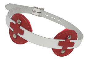 Red White Leather Medical Fetish Disc Blindfold